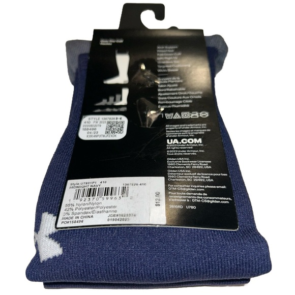 Under Armour UA OTC Soccer Socks 1 Pair Youth 13.5K-4.5 Navy w White Logo Kids - Picture 9 of 10